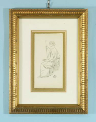 JAMES WHISTLER "SEATED WOMAN" CHARCOAL/PAPER: ATTRIBUTED TO JAMES ABBOT MCNEILL WHISTLER (1834-1903) "SEATED WOMAN" CHARCOAL ON PAPER MOUNTED ON ARTIST BOARD, GILT FRAMED AND MATTED, SIGNED WITH ARTIST'S MONOGRAM LOWER RIGHT. Height: 7 1/4 in. by