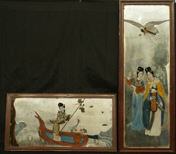 TWO ANTIQUE REVERSE GLASS MIRROR PAINTINGS: LOT OF TWO ANTIQUE CHINESE REVERSE GLASS MIRROR PAINTINGS. Height: 38 and 14 1/2 in. by Width: 14 and 28 in. by Depth: 1 in.