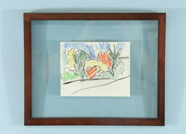 ERNST KIRCHNER "LANDSCAPE WITH TREES" CHARCOAL: ATTRIBUTED TO ERNST LUDWIG KIRCHNER (GERMAN, 1880-1938) "LANDSCAPE WITH TREES" CHARCOAL AND COLORED CHALK, UNSIGNED. FLOATING FRAMED. ESTATE STAMP ON REVERSE. Height: 5 3/4 in. by Width: 7 1/2 in.