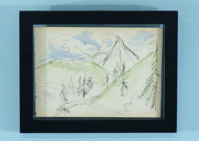ERNST LUDWIG KIRCHNER "MOUNTAINOUS LANDSCAPE": ATTRIBUTED TO ERNST LUDWIG KIRCHNER (GERMAN, 1880-1938) "MOUNTAINOUS LANDSCAPE" CHARCOAL WITH WATERCOLOR, UNSIGNED BUT WITH ARTIST STAMP ON REVERSE. Height: 5 1/4 in. by Width: 7 1/4 in.