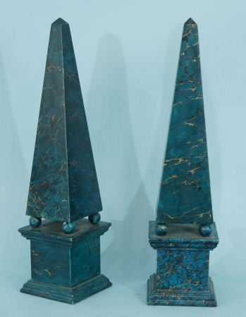 PAIR OF VINTAGE FAUX MARBLE OBELISKS: PAIR OF VINTAGE FAUX MARBLE OBELISKS. Height: 21 in. by Width: 5 in. by Depth: 5 in.