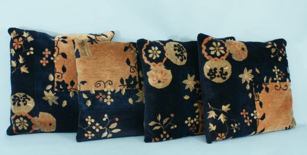 CHINESE ART DECO CARPET REMNANT PILLOW: CHINESE ART DECO CARPET REMNANTS MADE INTO FOUR PILLOWS. Height: 26 in. by Width: 26 in. by Depth: 6 in.