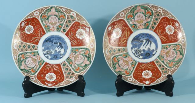EDO PERIOD/GENROKU PERIOD (1688-1704) CHARGERS: RARE PAIR OF EDO PERIOD/GENROKU PERIOD (1688-1704) PORCELAIN CHARGERS. PURCHASED FROM IMARI COLLECTOR IN KYOTO OVER 20 YEARS AGO. Height 15 1/2 in. by Depth: 2 in.