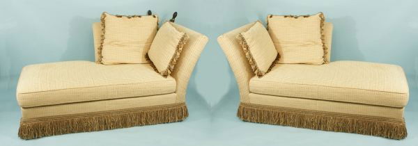 CHAISE WITH FRINGE TRIM AND TWO PILLOWS: PAIR OF CHAISES WITH FRINGE TRIM AND TWO PILLOWS. One chaise is missing it's finials. Height: 42 in. by Width: 72 in. by Depth: 40 in.