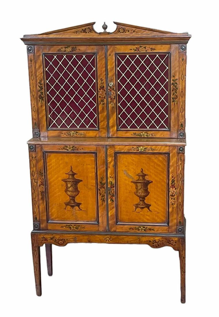 19TH CENTURY ENGLISH SHERATON CABINET: 19TH CENTURY ENGLISH SHERATON CABINET NEOCLASSIC DESIGN PAINTED ON A SATIN WOOD Height: 66 in. by Width: 37 in. by Depth: 12