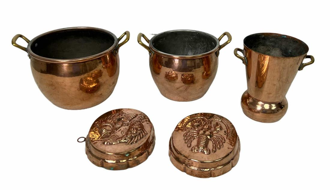 THREE COPPER POTS AND TWO JELLO MOLDS (1 of 7)