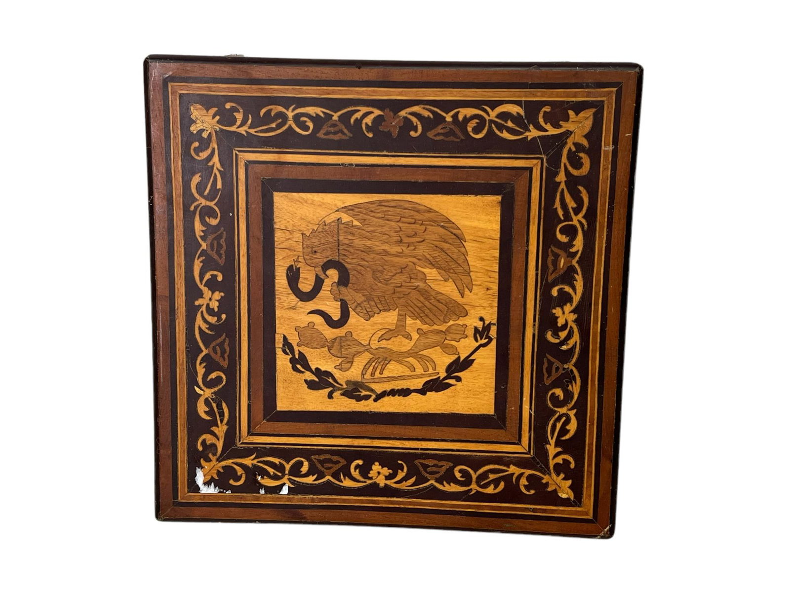 WOODEN BOX WITH INLAID SYMBOL OF MEXICO ON LID: WITH INLAID SYMBOL OF MEXICO ON LID WOODEN BOX Height: 3.5 in. by Width: 11.75 in. by Depth: 11.75