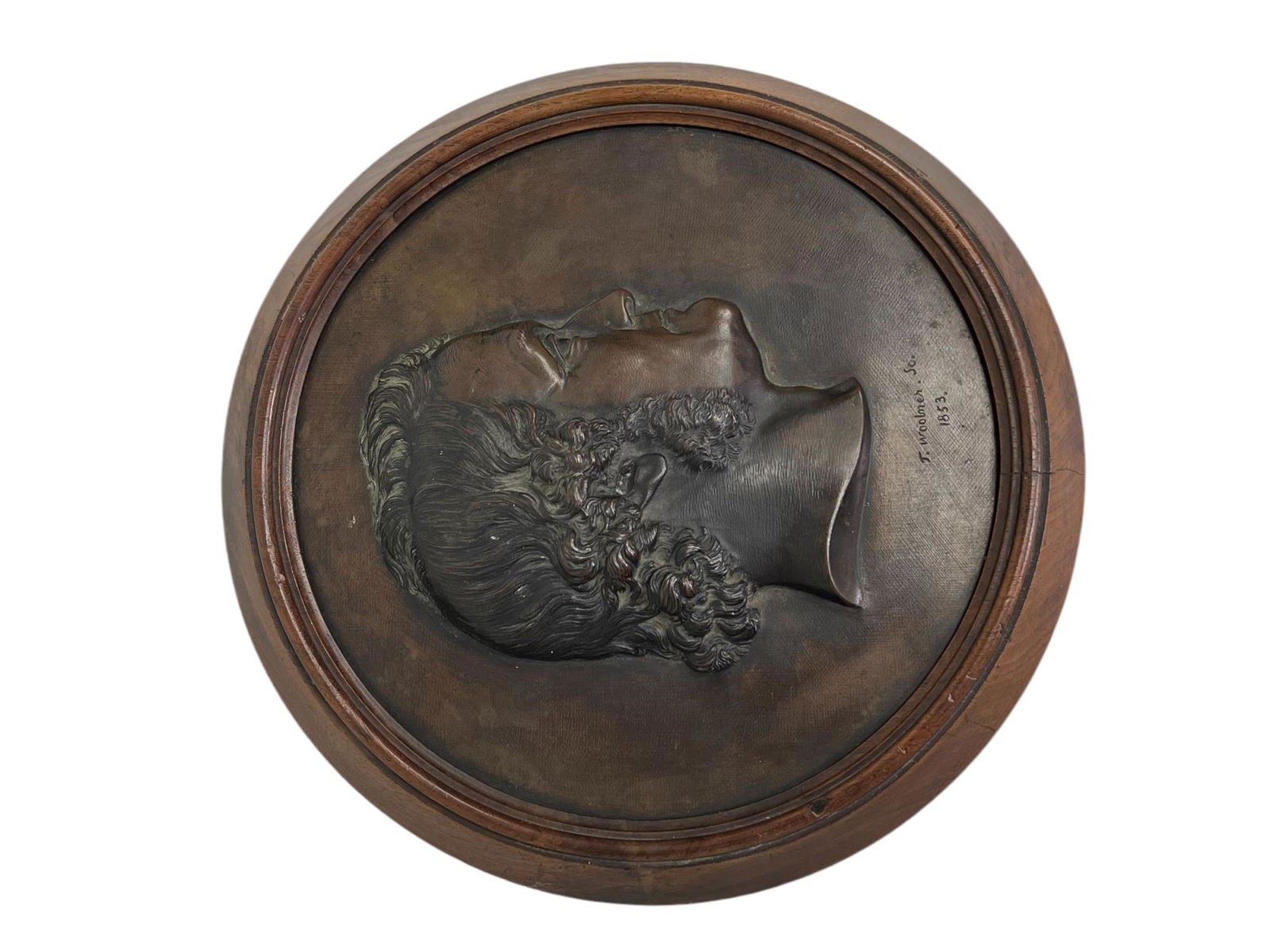 BRONZE PORTRAIT MEDALLION SIGNED 1853: BRONZE PORTRAIT MEDALLION BY THOMAS WOOLNER SIGNED AND DATED 1854 Height: 10.5 in. by Width: 10.5