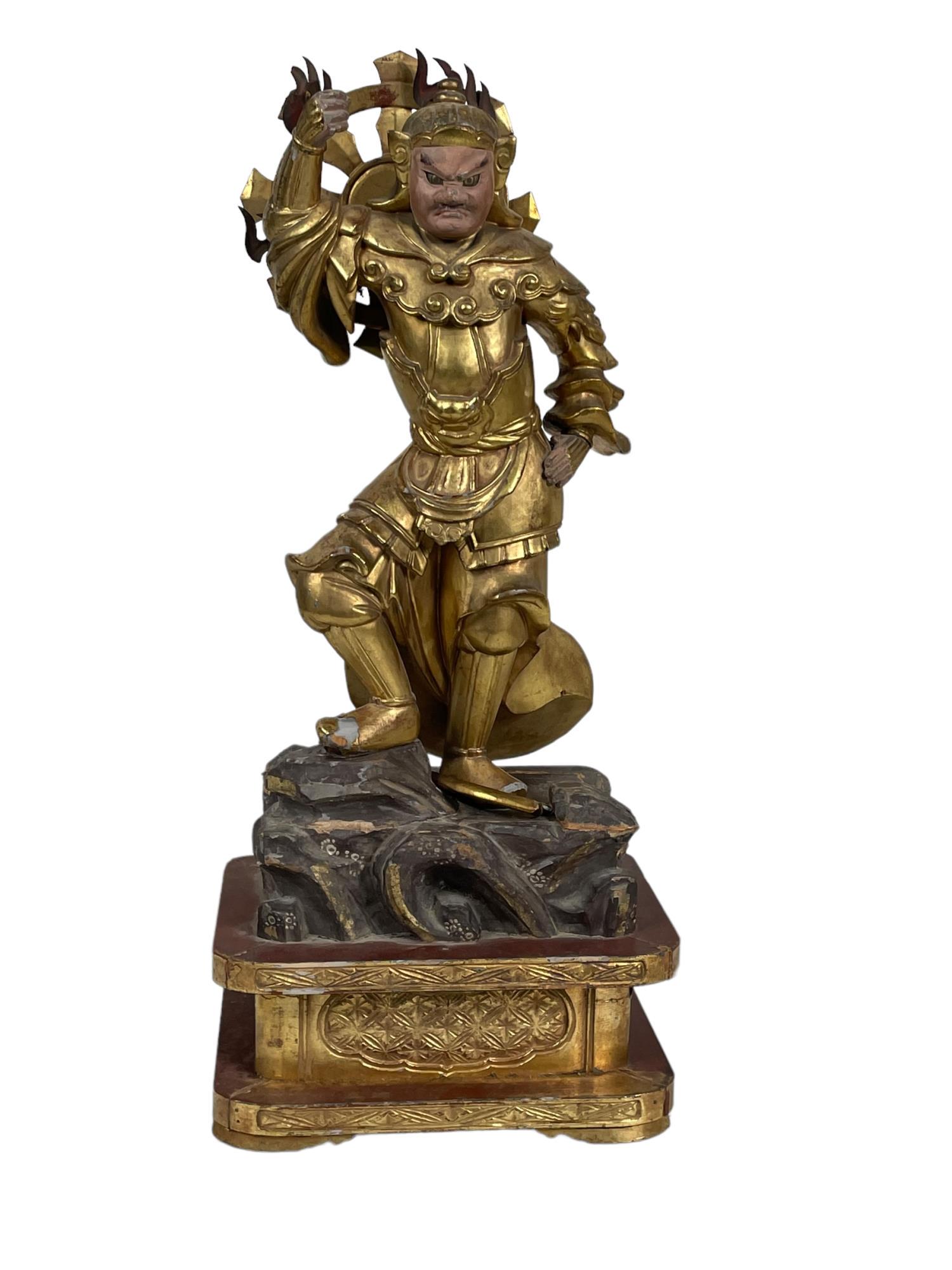 C. 19TH JAPANESE WOOD CARVED SAMURAI: C. 19TH JAPANESE WOOD CARVED SAMURAI Height: 23 in. by Width: 9.5 in. by Depth: 6.5