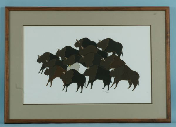 VIRGINIA STROUD "LONE BUFFALO" GOUACHE: VIRGINIA STROUD "LONE BUFFALO" GOUACHE ON PAPER PAINTING. Height: 22 in. by Width: 31 in. by Depth: 1 in.
