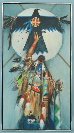JOHN DOYLE "PRAYER TO THE THUNDERSHIELD" PAINTING: JOHN DOYLE "PRAYER TO THE THUNDERSHIELD" ACRYLIC ON CANVAS PAINTING. Height: 53 in. by Width: 30 in. by Depth: 1 1/2 in.