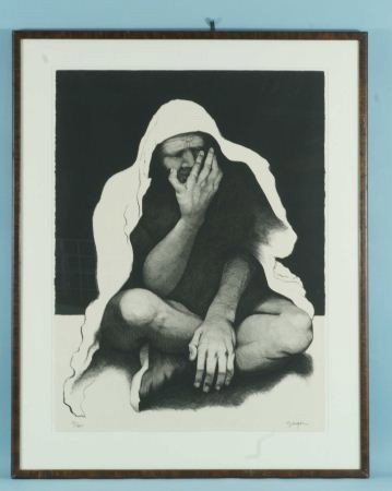 ED SINGER "SEATED INDIAN" LITHO #10/20: ED SINGER "SEATED INDIAN" MONO-TONED LITHOGRAPH EDITION NUMBER 10/20. Height: 37 in. by Width: 30 in. by Depth: 1 in.