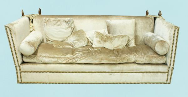 CUSTOM MADE KNOLL HOUSE SOFA: CUSTOM MADE KNOLL HOUSE SOFA. Some repair to fabric needed. Height: 42 in. by Width: 94 in. by Depth: 41 1/2 in.
