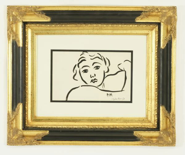 HENRI MATISSE "PORTRAIT D FEMME" BRUSH INK DRAWING: ATTRIBUTED TO HENRI MATISSE (1869-1954) BRUSH AND BLACK INK DRAWING, PORTRAIT DE FEMME, SIGNED WITH THE ARTIST'S INITIALS LOWER RIGHT AND DATED, 1953. LAID DOWN ON HEAVY BROWN PAPER. VERY GOOD CONDITI