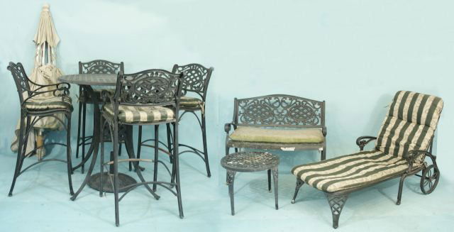 NINE-PIECE SUITE OF GARDEN FURNITURE: NINE-PIECE SUITE OF GARDEN FURNITURE. UMBRELLA, PUB TABLE, 4 PUB CHAIRS, BENCH, COFFEE TABLE, CHAISE LOUNGE CHAIR. Height: 34 1/2 and 46 and 41 in. by Width: 40 1/2 and 21 and 42 in. by Depth: 24 and