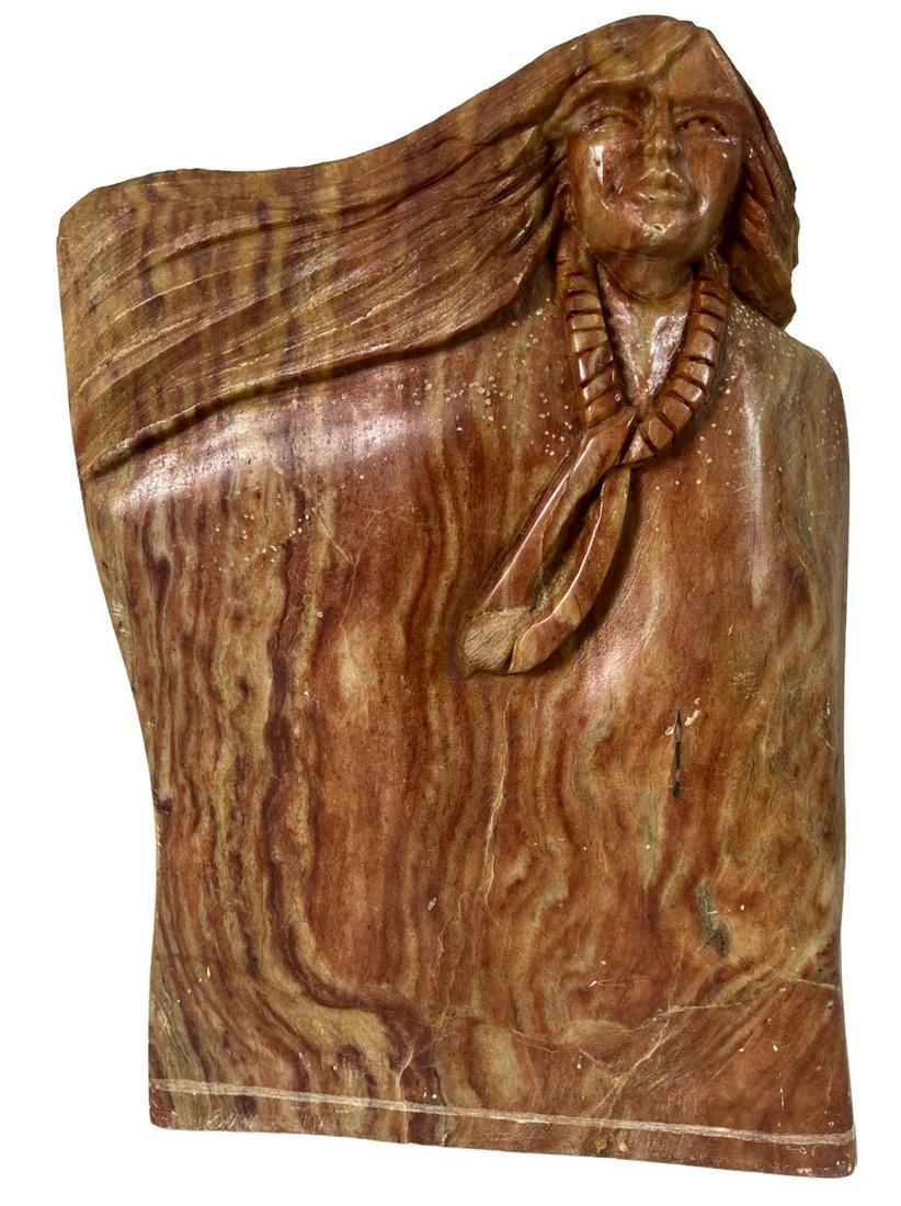 CARVED SOAPSTONE NATIVE AMERICAN FEMALE: CARVED SOAPSTONE NATIVE AMERICAN FEMALE. Height: 12 in. by Width: 8.5 in.