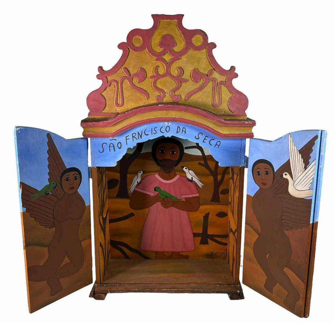 HAND PAINTED FOLK ART SHRINE: HAND PAINTED FOLK ART SHRINE. Height: 38.5 in. by Width: 23 in. by Depth: 10 in.