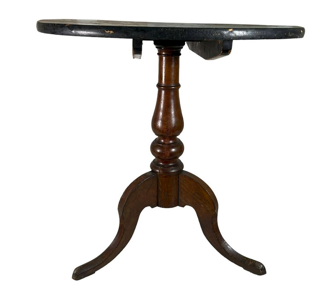 ANTIQUE TRIPOD TABLE WITH CHINESE SCEEN: ANTIQUE TRIPOD TABLE WITH CHINESE SCEEN Height: 30 in. by Width: 27