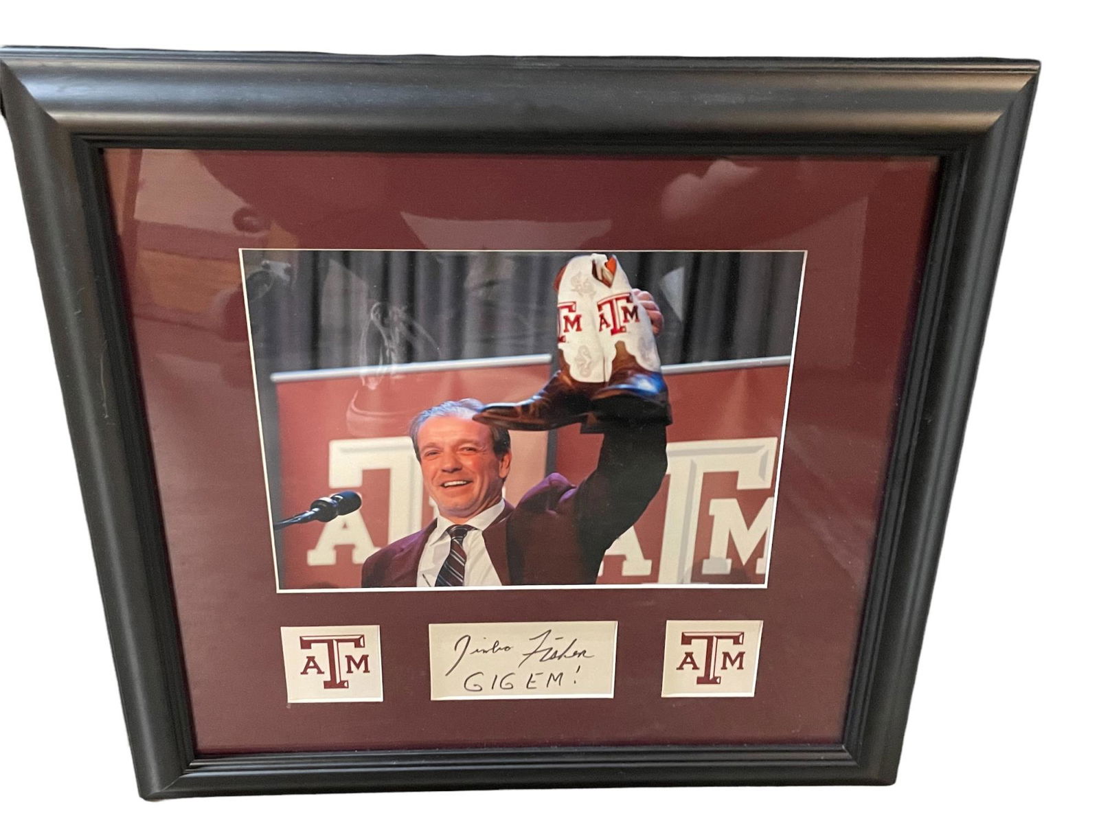 FRAMED A & M COACH JIMBO FISHER SIGNED PHOTO: FRAMED A & M COACH JIMBO FISHER SIGNED PHOTOGRAPH. Height: 17 in. by Width: 15 in.