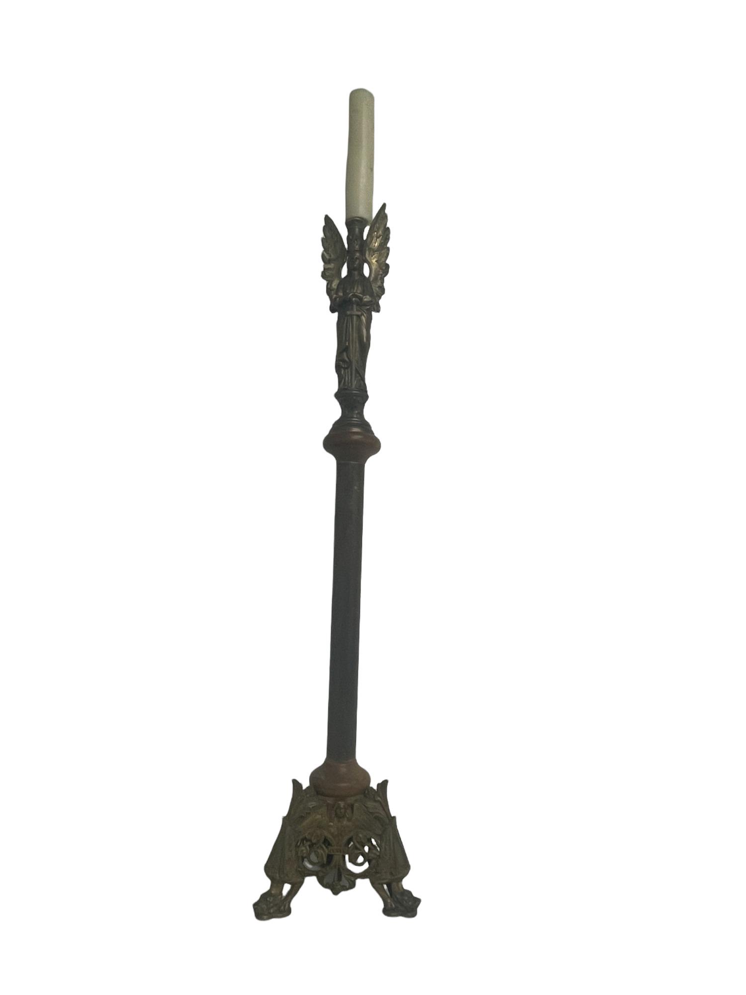 ANTIQUE WINGED ANGEL TALL BRASS CANDLEHOLDER (1 of 4)