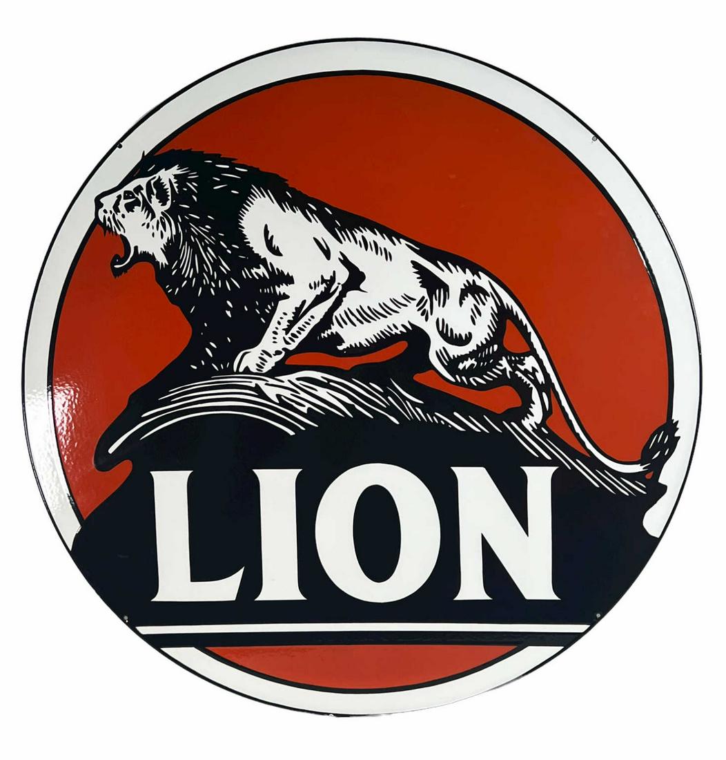 LION GASOLINE DOUBLE SIDED PORCELAIN SIGN (1 of 3)