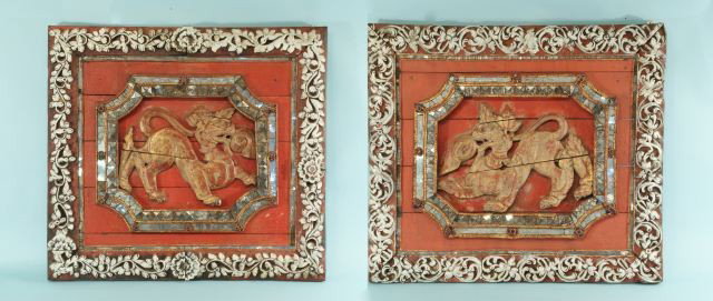 ANTIQUE THAI ARCHITECTURAL CARVED TEMPLE FRAGMENTS: TWO ANTIQUE THAI ARCHITECTURAL WOOD CARVED TEMPLE FRAGMENTS WITH MIRRORED TILE. Height: 37 in. by Width: 42 in. by Depth: 3 1/2 in.