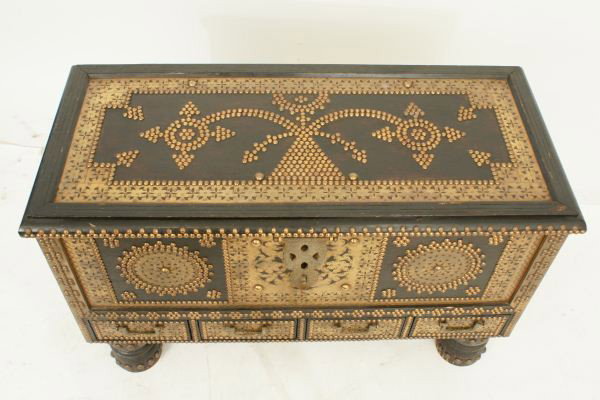 VINTAGE DECORATED SYRIAN FOOTED TRUNK: VINTAGE DECORATED SYRIAN FOOTED TRUNK WITH DRAWER. Height: 24 in. by Width: 38 in. by Depth: 18 in.
