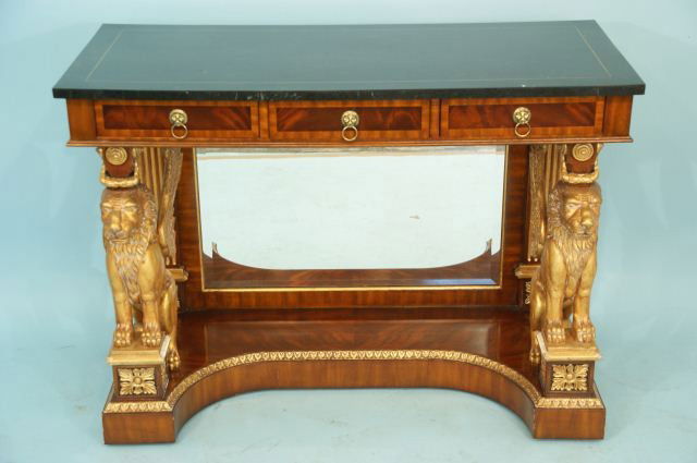 MAITLAND-SMITH GILDED PIER TABLE: MAITLAND-SMITH PIER TABLE WITH GILDED GRIFFINS AND CROTCH MAHOGANY VENEERED PANELS. Height: 32 12 in. by Width: 44 1/2 in. by Depth: 20 1/2 in.