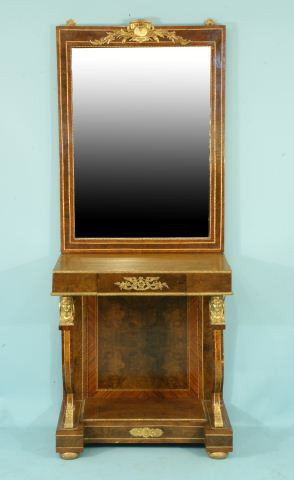EGYPTIAN REVIVAL STYLE CONSOLE TABLE WITH MIRROR: EGYPTIAN REVIVAL STYLE CONSOLE TABLE WITH MIRROR GILT BRONZE MOUNTS. Height: 77 in. by Width: 31 3/4 in. by Depth: 20 in.
