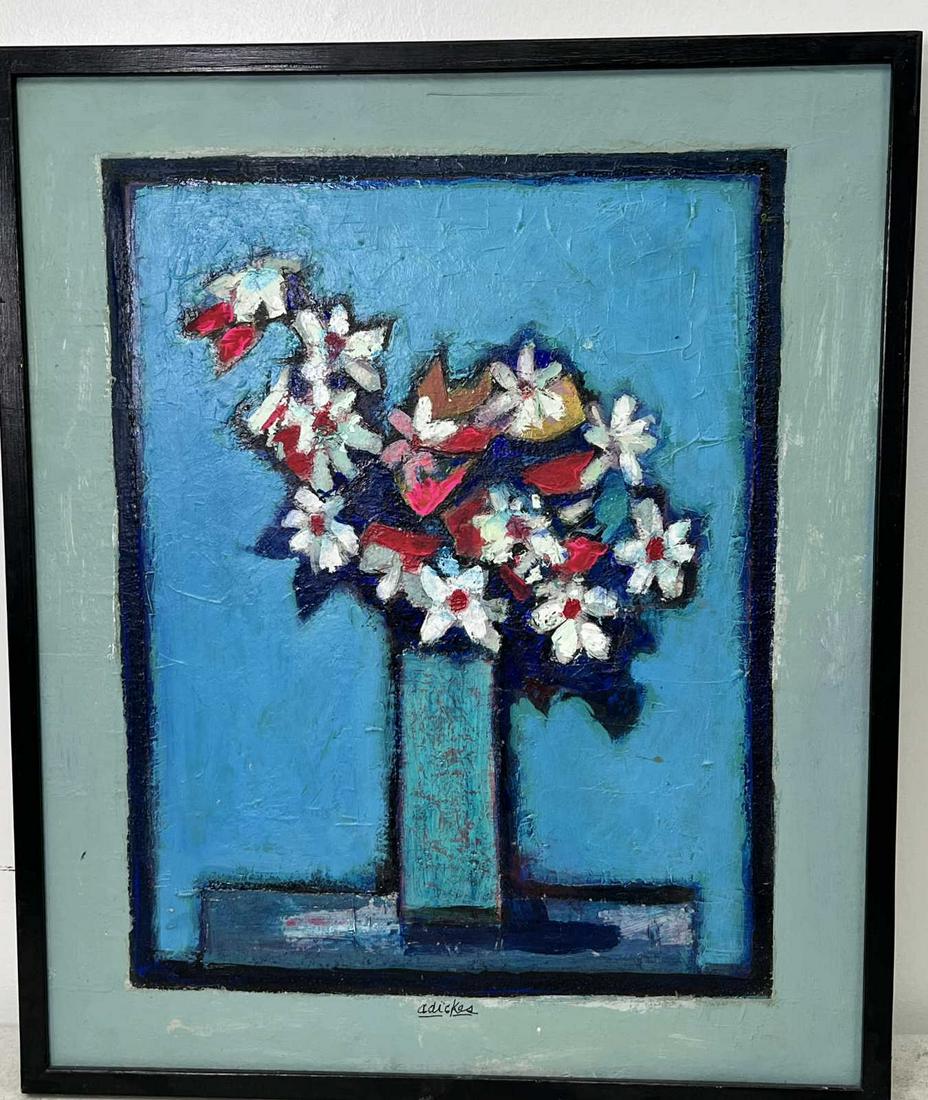 DAVID ADICKES BLUE FLOWER ACRYLIC ON PANEL: DAVID ADICKES BLUE FLOWER ACRYLIC ON PANEL PAINTING. Height: 30.25 in. by Width: 25.5 in.
