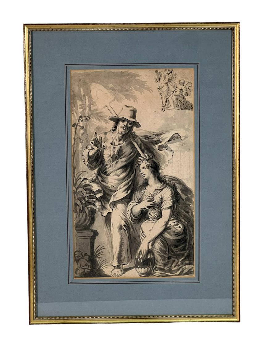 17th CENTURY FRAMED GERMAN INK DRAWING (1 of 3)