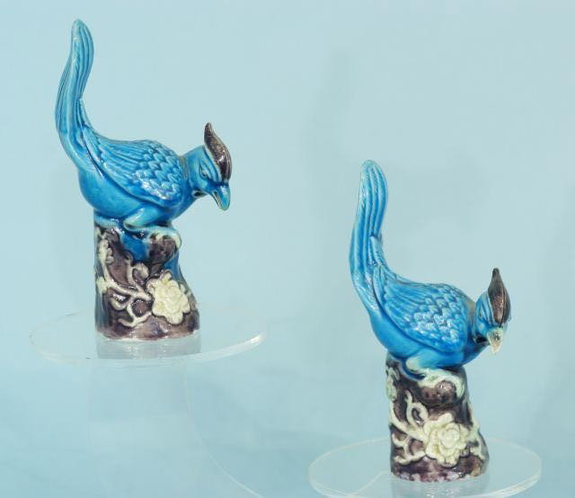 PAIR OF ANTIQUE CHINESE PORCELAIN PHOENIX FIGURES: PAIR OF ANTIQUE CHINESE PORCELAIN PHOENIX FIGURES. Slight nicks, as is. Height: 7 in. by Width: 2 1/2 in. by Depth: 4 in.
