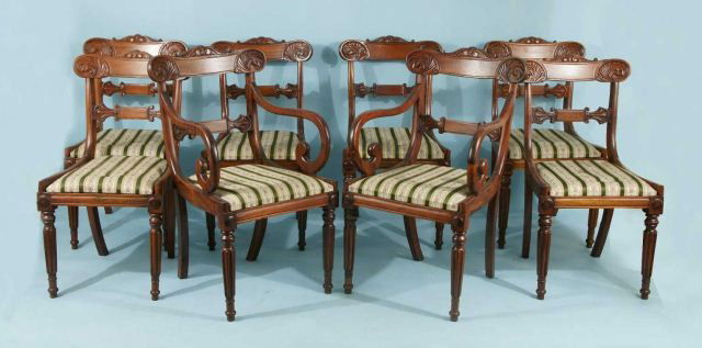 EIGHT EMPIRE STYLE DINING CHAIRS, CIRCA 1920: SET OF EIGHT EMPIRE STYLE DINING CHAIRS WITH CARVED CREST AND FLUTED LEGS. CIRCA 1920's. 6 SIDE CHAIRS AND 2 ARMCHAIRS. CIRCA 1940. Height: 36 in. by Width: 21 in. by Depth: 20 in.