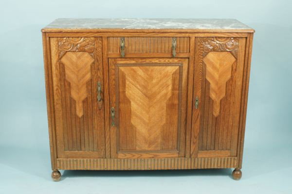 ART DECO MARBLE TOP SIDEBOARDS, CIRCA 1910: PAIR OF ART DECO MARBLE TOP SIDEBOARDS. CIRCA 1910. Slight damage as is. Height: 41 1/2 in. by Width: 51 in. by Depth: 20 in.