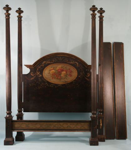 HABERSHAM POSTER BED: QUEEN SIZE FOUR POSTER BLACK BED WITH HAND PAINTED FLOWERS ON HEADBOARD BY HABERSHAM. Height: 107 in. by Width: 80 in. by Depth: 60 in.