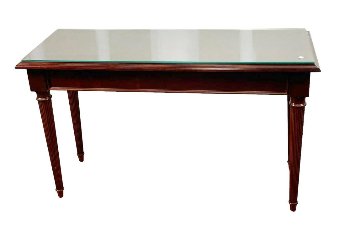 MAHOGANY GLASS TOP CONSOLE TABLE: MAHOGANY GLASS TOP CONSOLE TABLE. Height: 28.5 in. by Width: 48 in. by Depth: 17.5 in.