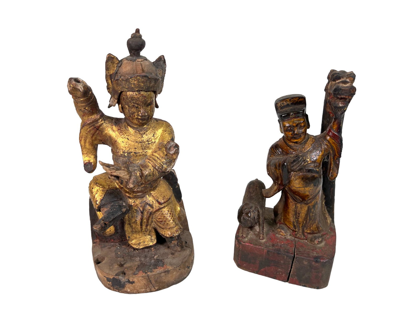 2 ANTIQUE CHINESE CARVED & GILT TEMPLE FIGURES: 2 ANTIQUE CHINESE CARVED & GILT TEMPLE FIGURES Height: 11 in. by Width: 5 in. by Depth: 4