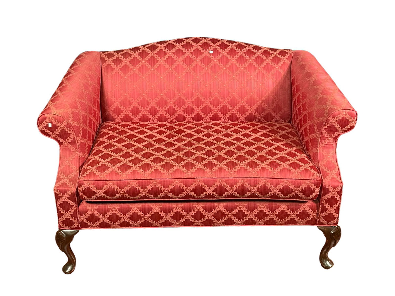 NICE RED DASMASK LOVESEAT: NICE RED DASMASK LOVESEAT Height: 34 in. by Width: 54 in. by Depth: 33