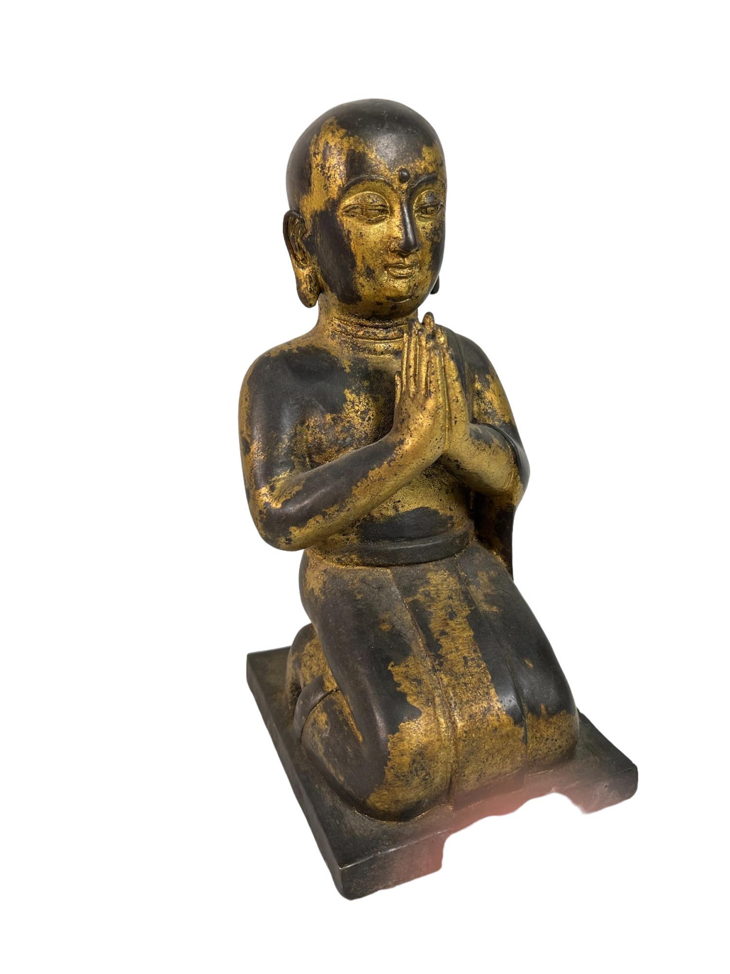 BRONZE PRAYING BUDDHIST MONK KNEELING DOWN: BRONZE PRAYING BUDDHIST MONK KNEELING DOWN Height: 8 in. by Width: 4.5 in. by Depth: 4.5