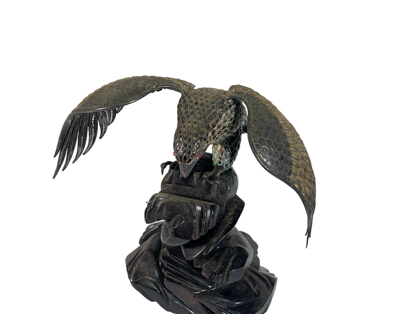 PERCHED EAGLE W SILVER CLOISONNE' & CARNELIAN EYES: PERCHED EAGLE IN SILVER CLOISONNE' & CARNELIAN EYES Height: 7.5 in. by Width: 8 in. by Depth: 5