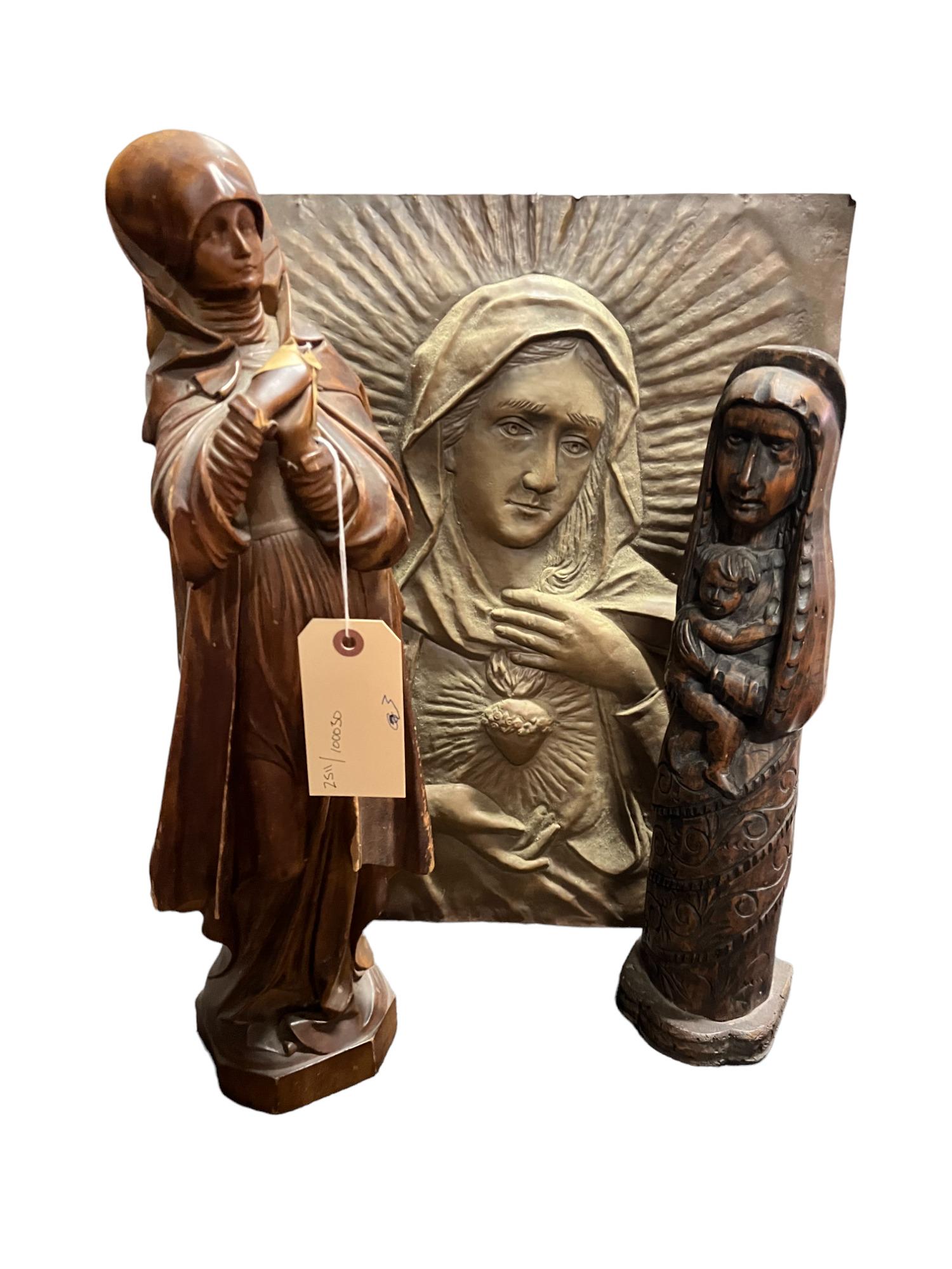 ANTIQUE COPPER MARY AND 2 WOODEN STATUES (1 of 5)