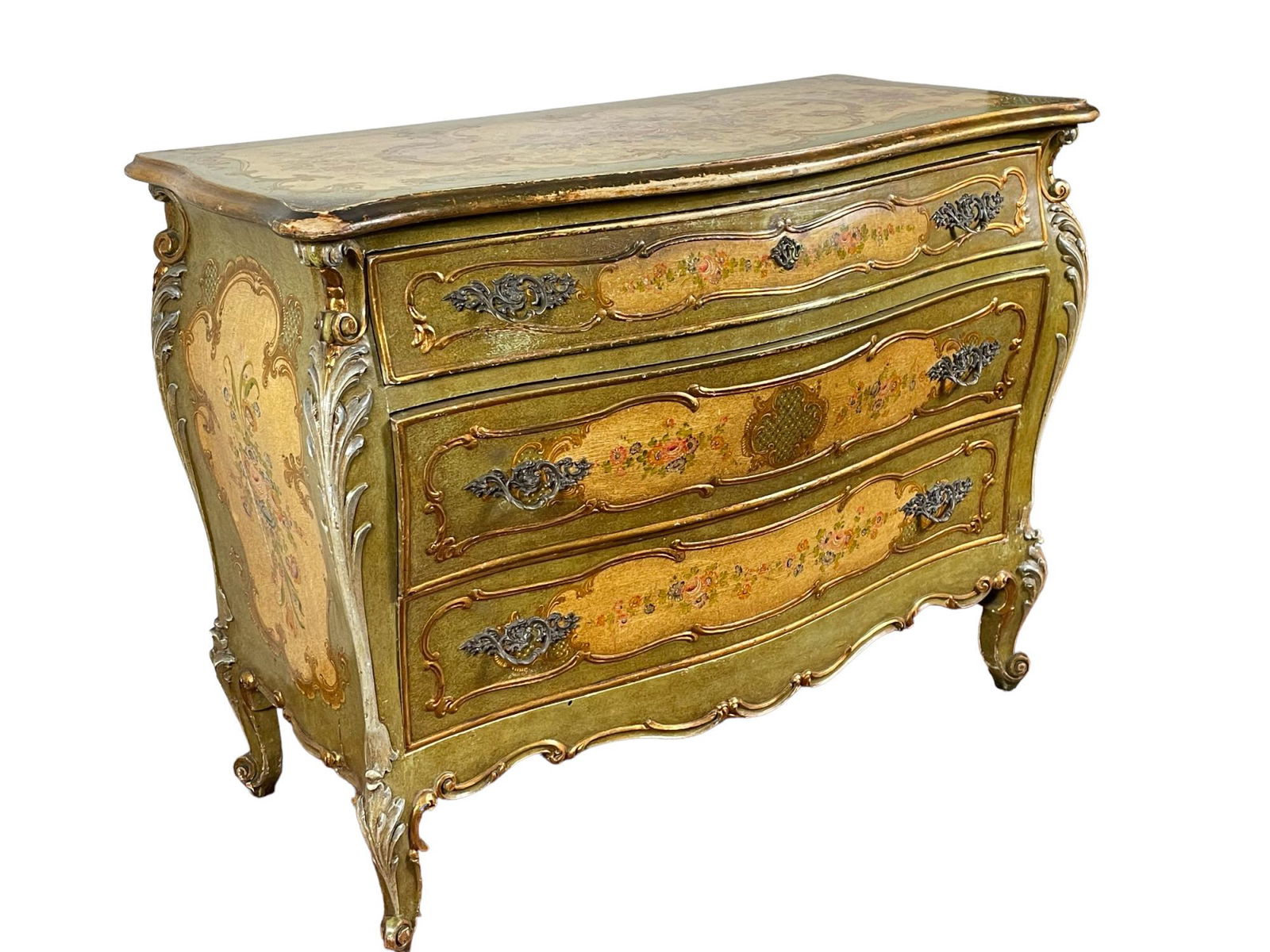 VINTAGE VENTIAN PAINTED BOMBE' 3 DRAWER CHEST (1 of 4)
