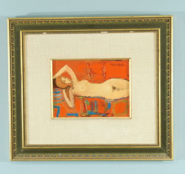 DAVID ADICKES "NUDE FEMALE" OIL ON PANEL: DAVID ADICKES "NUDE FEMALE" OIL ON PANEL. Originally from DuBose Gallery, Houston, TX. Height: 14 1/2 and 6 in. by Width: 16 1/2 and 8 in.