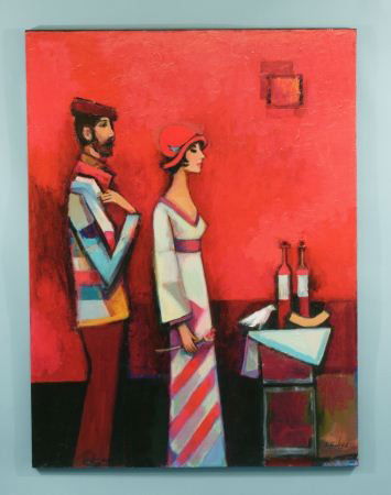 DAVID ADICKES "COUPLE IN RED STUDIO" MIXED MEDIA: DAVID ADICKES (AMERICAN 1927-) "COUPLE IN RED STUDIO" MIXED MEDIA. Height: 48 in. by Width: 36 in.