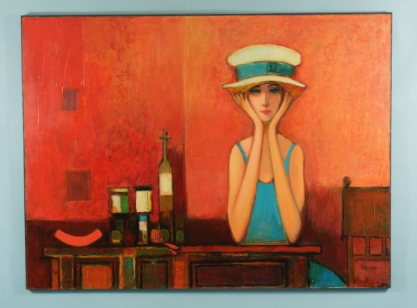 DAVID ADICKES "LADY IN RED INTERIOR" MIXED MEDIA: DAVID ADICKES (AMERICAN 1927-) "LADY IN RED INTERIOR" MIXED MEDIA. Height: 36 in. by Width: 48 in.