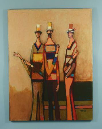 DAVID ADICKES "THREE FRIENDS" MIXED MEDIA: DAVID ADICKES (AMERICAN 1927-) "THREE FRIENDS" MIXED MEDIA. Height: 40 in. by Width: 30 in.
