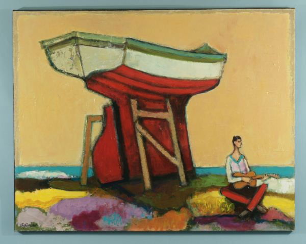 DAVID ADICKES "BOAT WITH GUITARIST" MIXED MEDIA: DAVID ADICKES (AMERICAN 1927-) "BOAT WITH GUITARIST" MIXED MEDIA ON CANVAS MOUNTED TO PANEL. Height: 30 in. by Width: 38 in.
