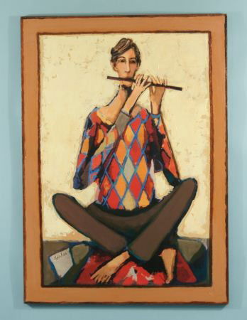 DAVID ADICKES "HARLEQUIN FLUTIST" MIXED MEDIA: DAVID ADICKES (AMERICAN 1927-) "HARLEQUIN FLUTIST" MIXED MEDIA. Height: 39 in. by Width: 28 in.
