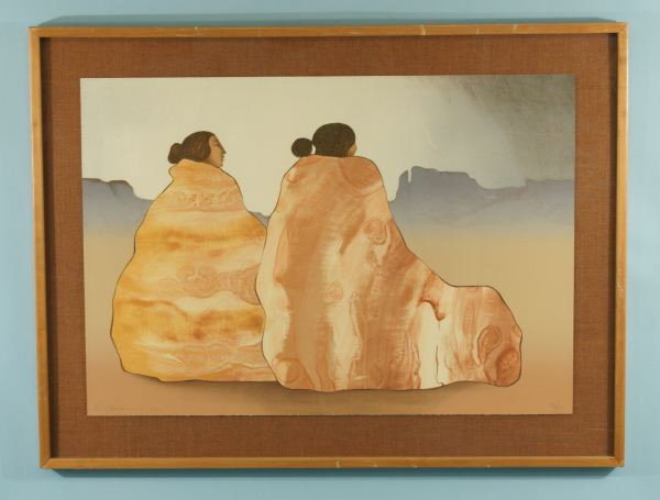 R. C. GORMAN "SQUATTING FEMALES" LITHOGRAPH: R. C. GORMAN "SQUATTING FEMALES" LITHOGRAPH, EDITION NUMBER 92/200. Height: 30 and 23 in. by Width: 40 and 33 in.