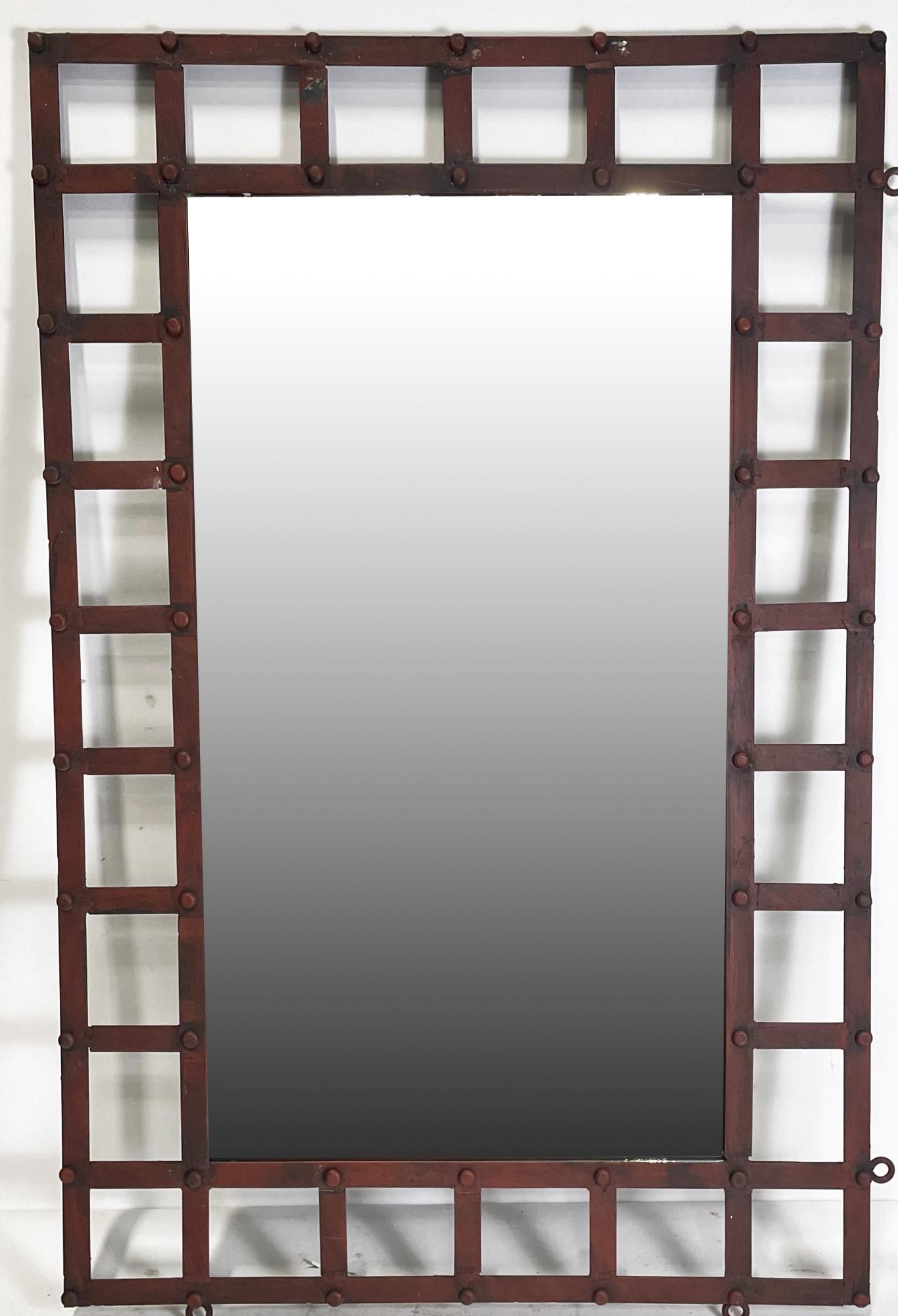 CONTEMPORARY IRON LEANING HALL MIRROR: CONTEMPORARY IRON FRAMED LEANING HALL MIRROR. Height: 47 in. by Width: 30 in.